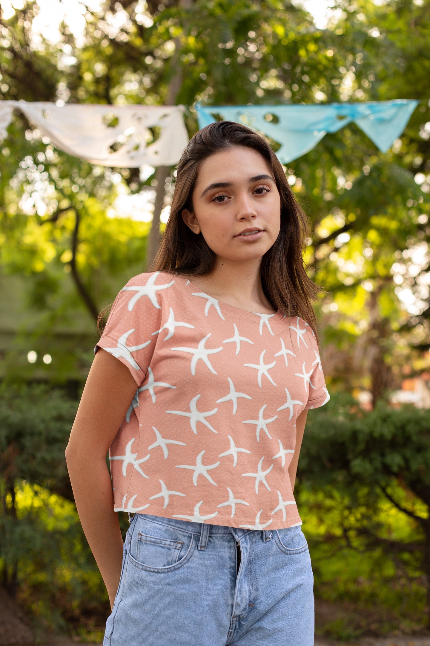 Stay Cool and Stylish: Summer Coral Crop Tee - Trendy, Casual, and Comfortable! Crop tee with Coral designs, Fashionable and Fun Crop Tee