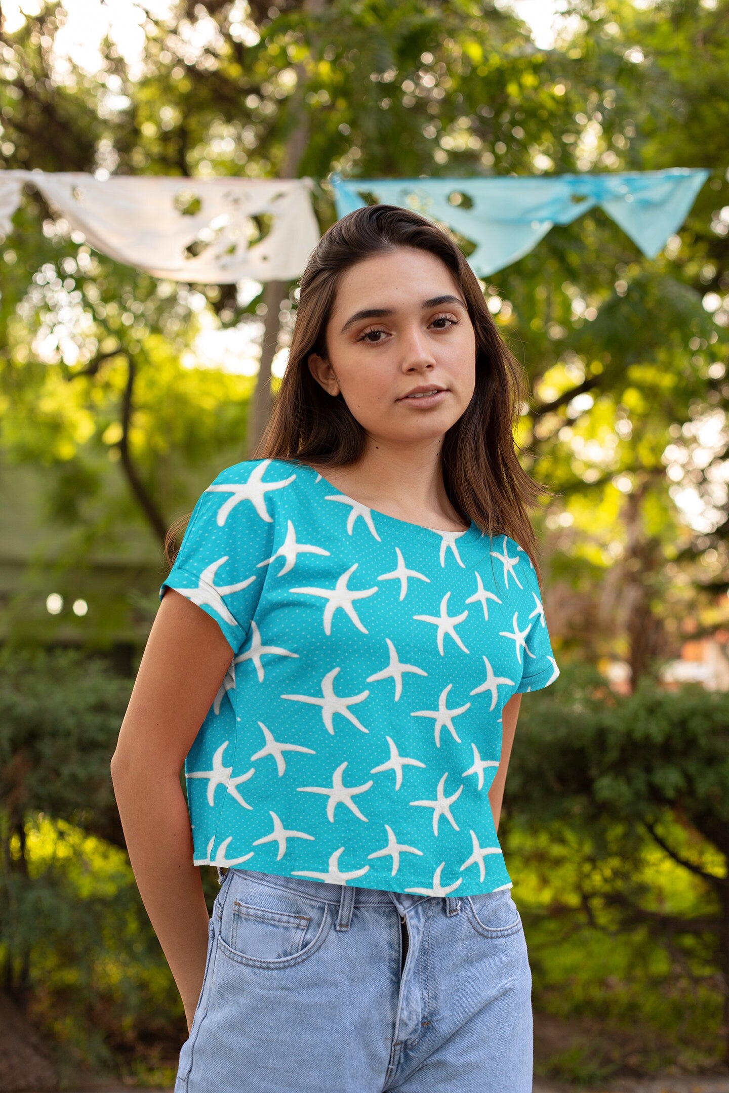 Stay Cool and Stylish: Summer Blue Crop Tee - Trendy, Casual, and Comfortable! Crop tee with Coral designs, Fashionable and Fun Crop Tee