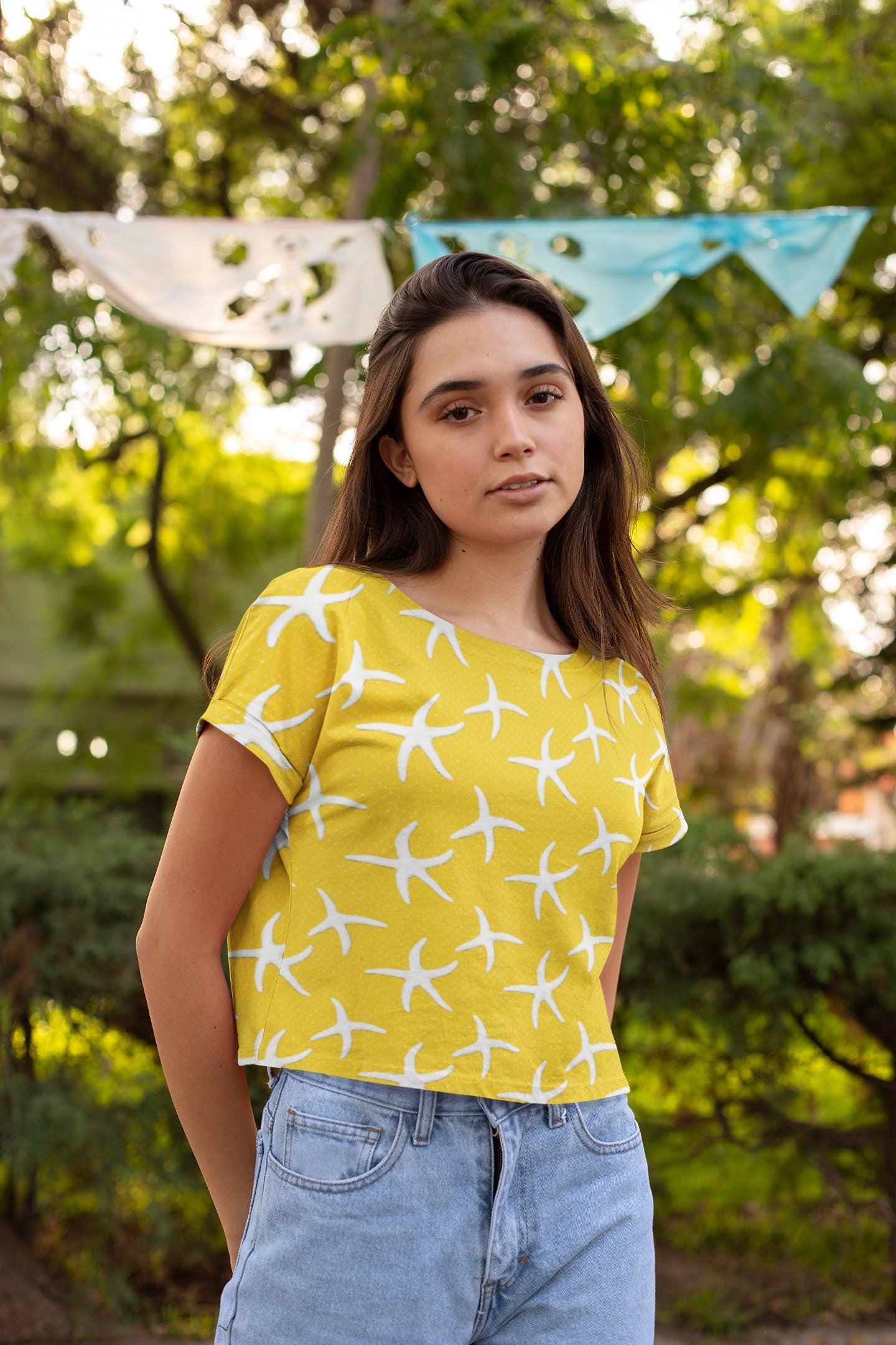 Stay Cool and Stylish: Summer Yellow Crop Tee - Trendy, Casual, and Comfortable! Crop tee with Coral designs, Fashionable and Fun Crop
