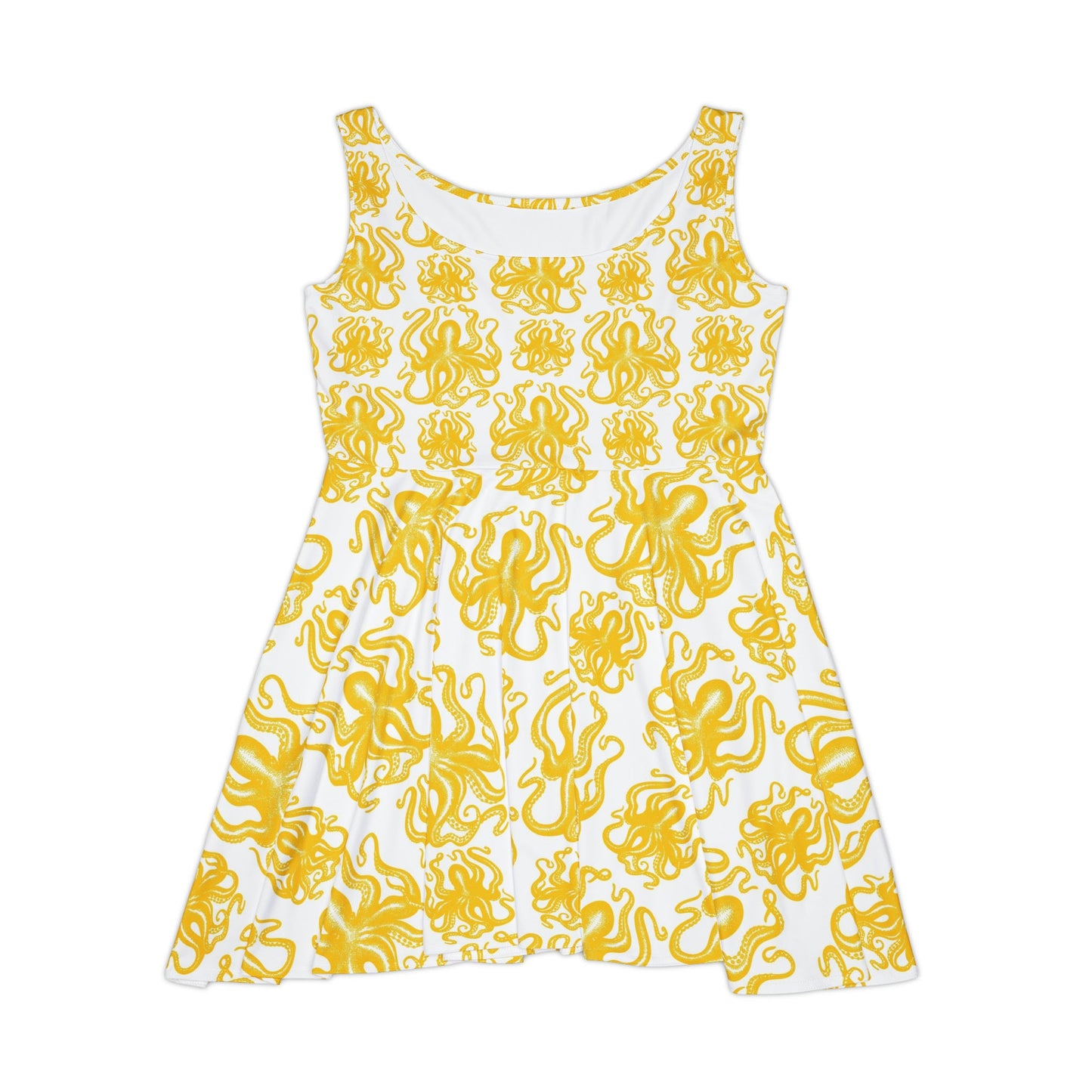 Yellow Octopus Art Skater Dress, Octopus print Dress, Beach-themed Dress, Women's Yellow Flowy Flared Dress, Womens Summer Dress