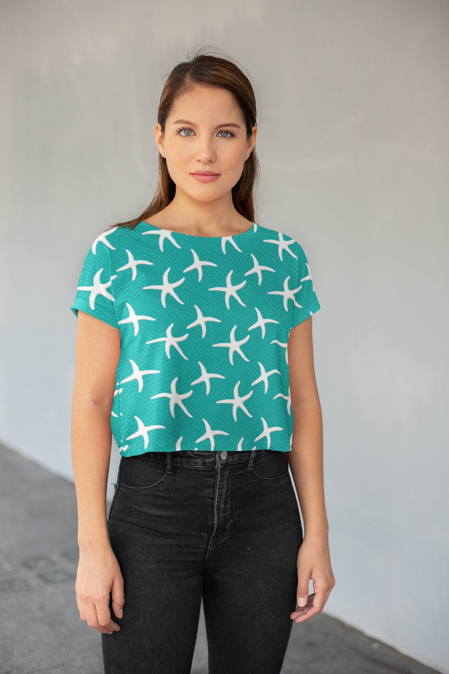 Stay Cool and Stylish: Summer Aqua Crop Tee - Trendy, Casual, and Comfortable! Crop tee with Coral designs, Fashionable and Fun Crop Tee