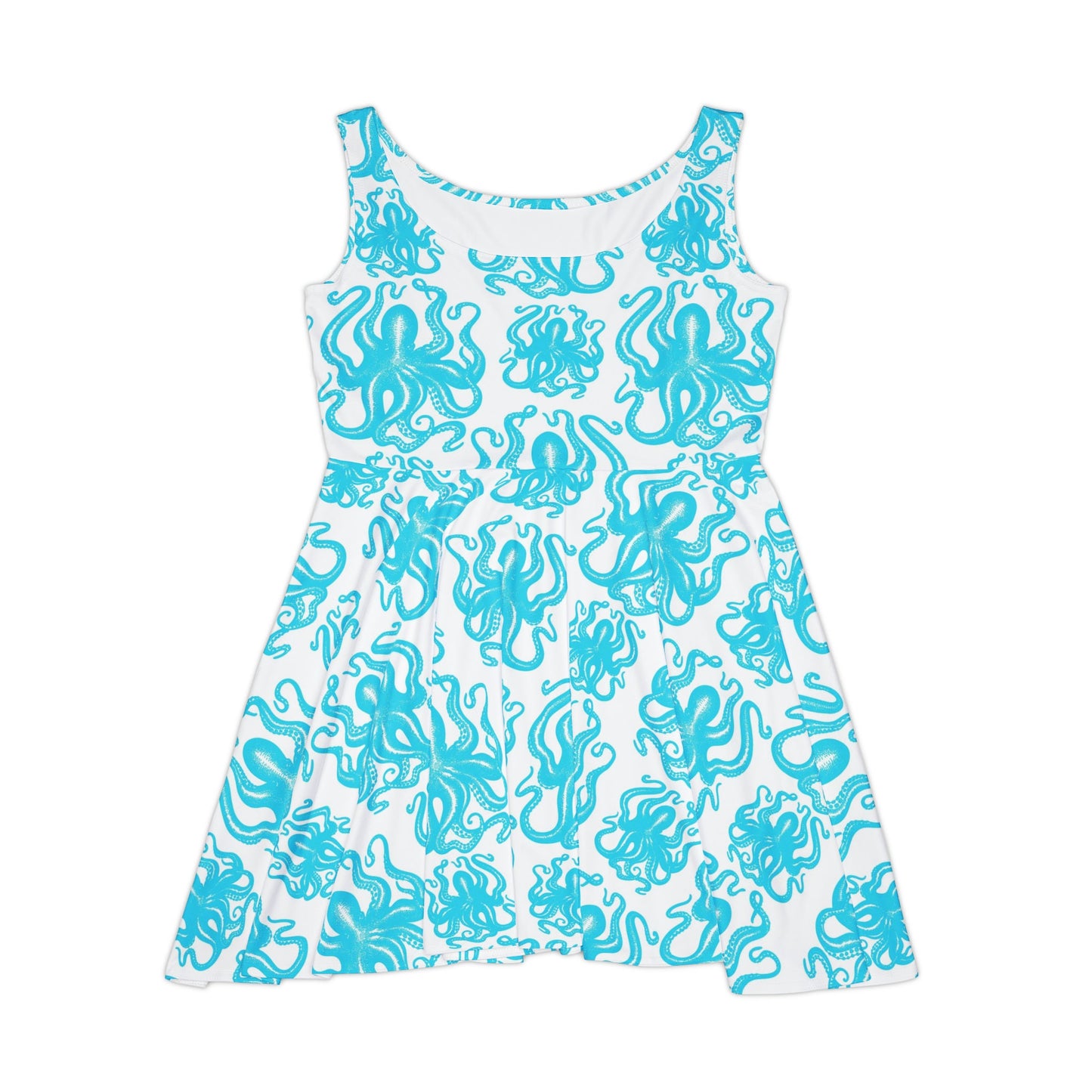 Beach Blue Octopus Art Skater Dress, Octopus print Dress, Beach-themed Dress, Women's Blue Flowy Flared Dress, Womens Summer Dress